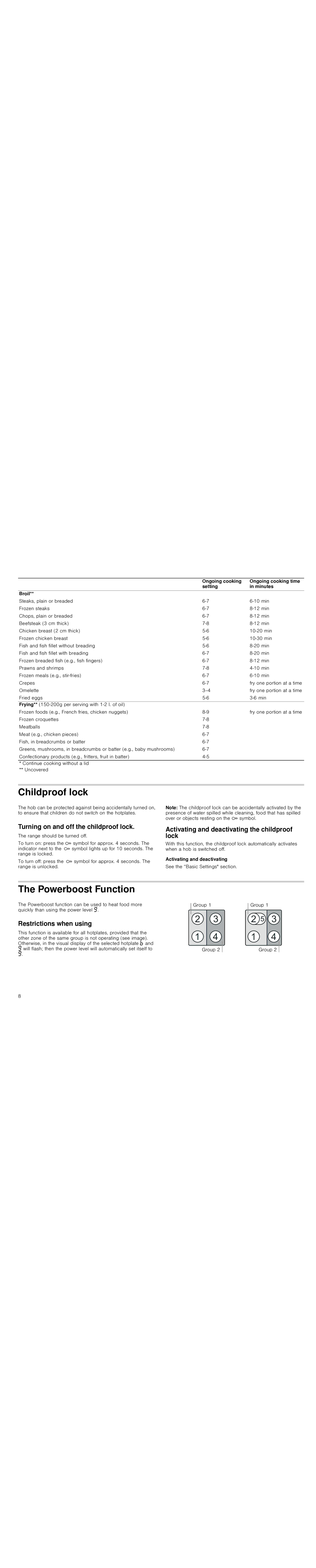 Bosch Appliances PIE645Q14E instruction manual Childproof lock, Powerboost Function, Turning on and off the childproof lock 