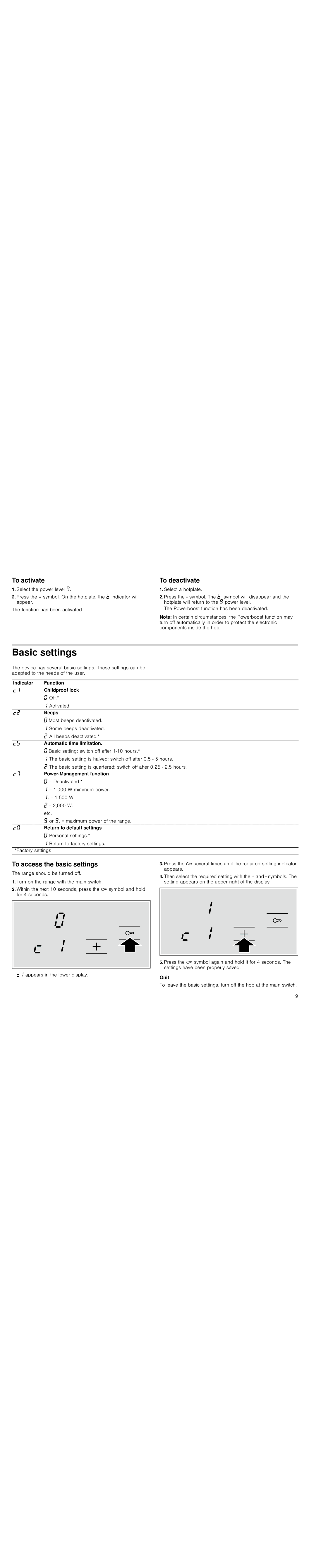 Bosch Appliances PIE645Q14E Basic settings, To activate, To deactivate, To access the basic settings, Quit 