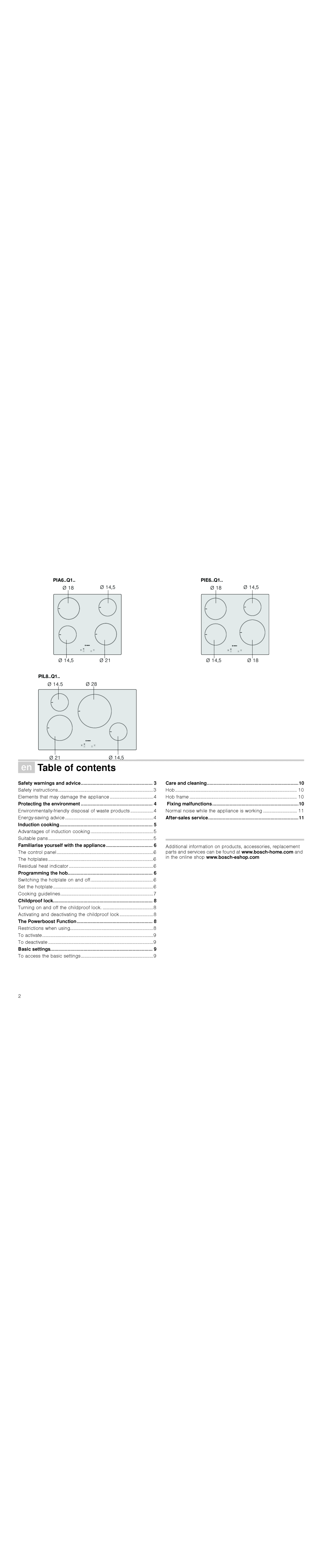 Bosch Appliances PIE645Q14E instruction manual ÚTable of contents 