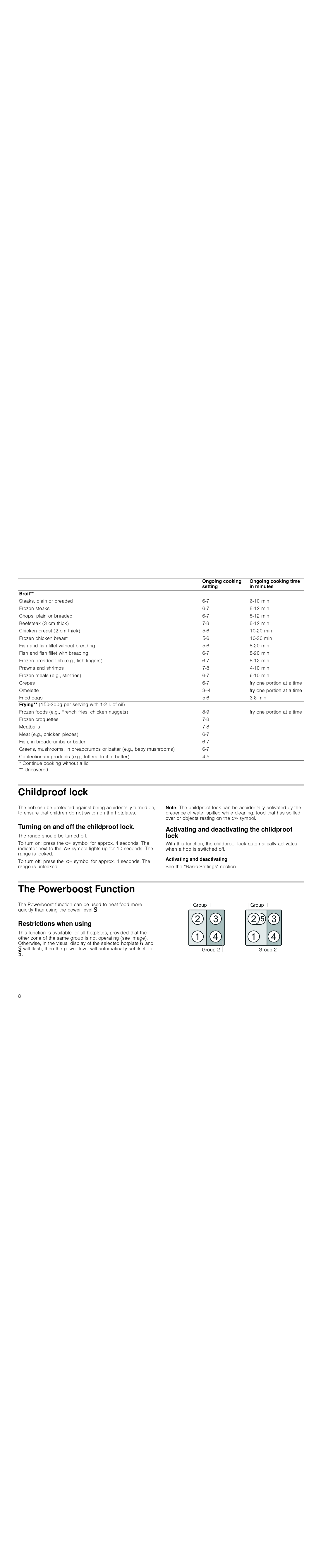 Bosch Appliances PIE645Q14E Childproof lock, The Powerboost Function, Turning on and off the childproof lock 