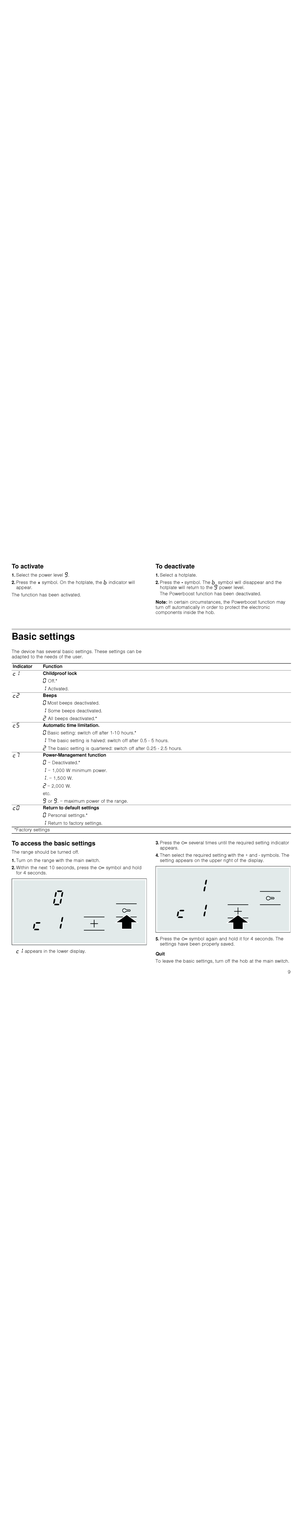 Bosch Appliances PIE645Q14E instruction manual Basic settings, To activate, To deactivate, To access the basic settings 