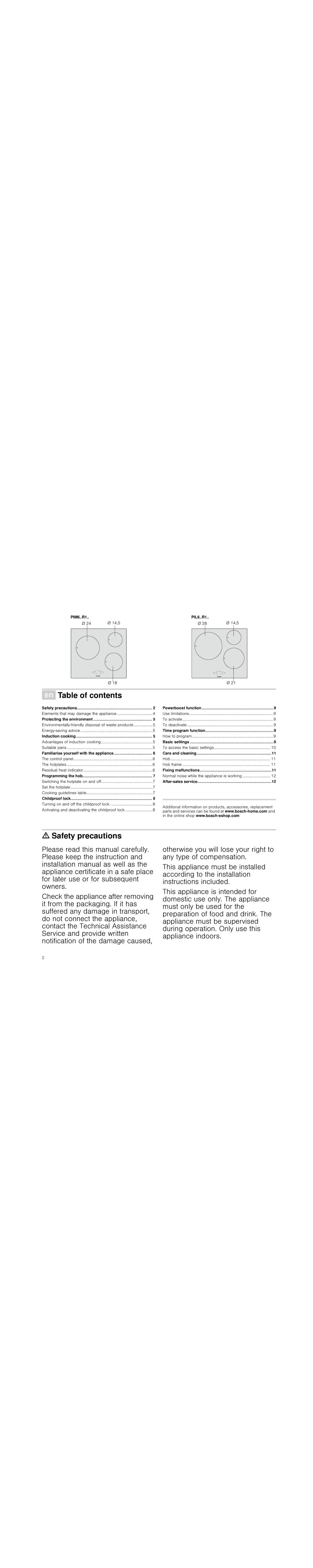 Bosch Appliances PIL6..R1, PIM6..R1 instruction manual Table of contents, =Safety precautions 