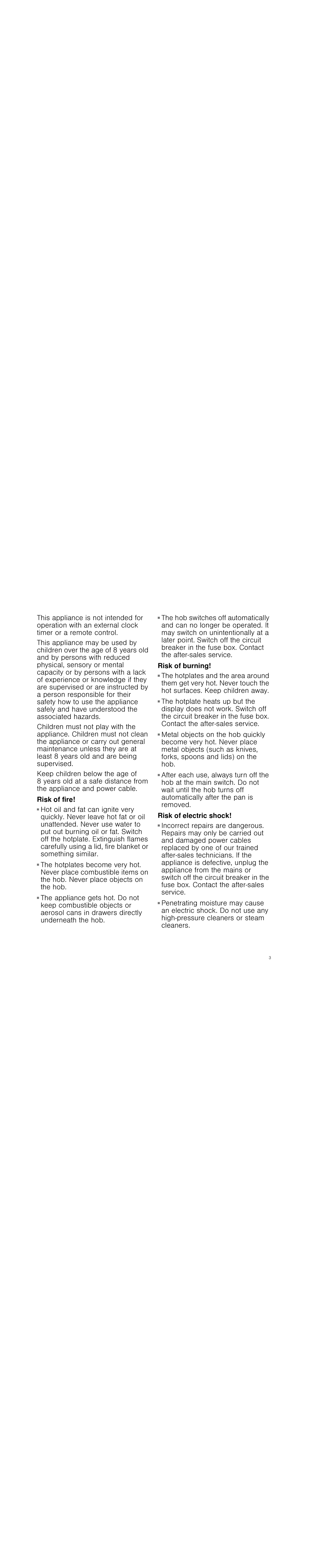 Bosch Appliances PIM6..R1, PIL6..R1 instruction manual Risk of fire 