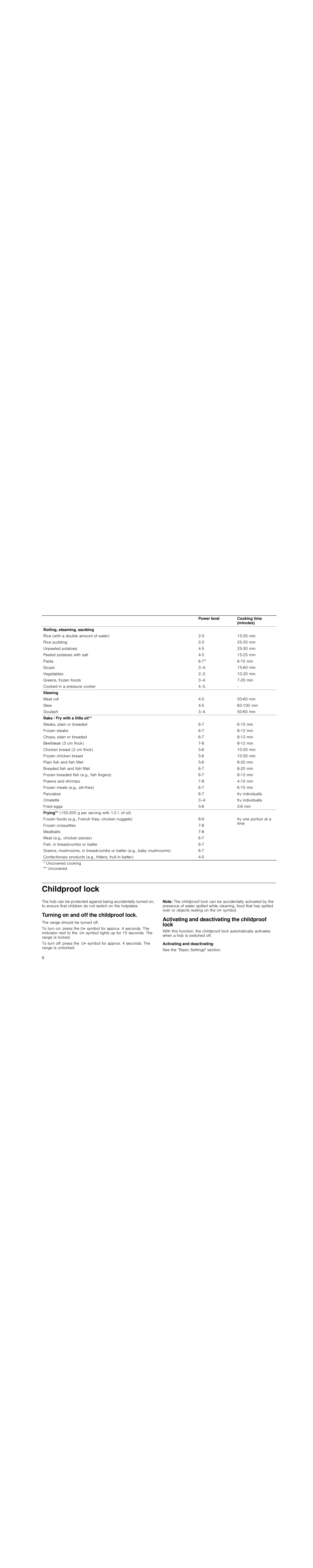 Bosch Appliances PIL6..R1, PIM6..R1 instruction manual Childproof lock, Turning on and off the childproof lock 