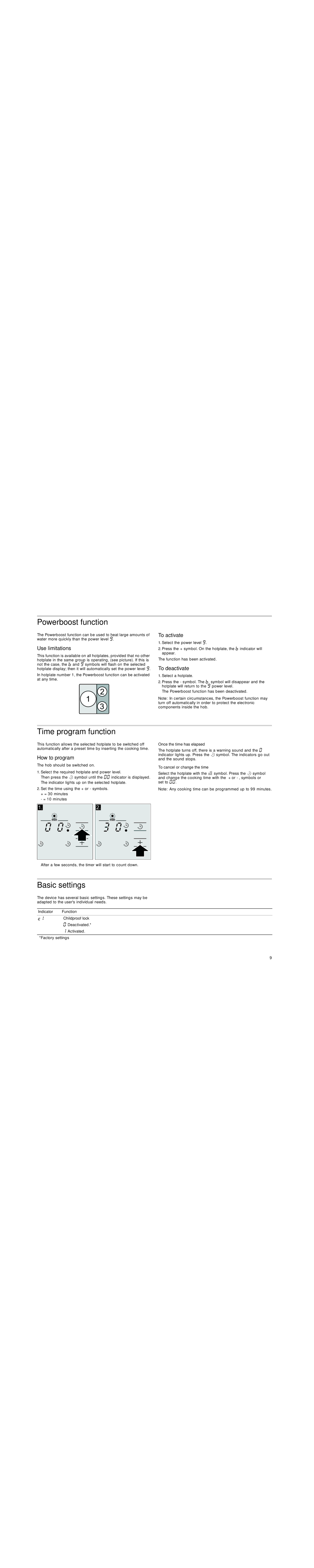 Bosch Appliances PIM6..R1, PIL6..R1 instruction manual Powerboost function, Time program function, Basic settings 