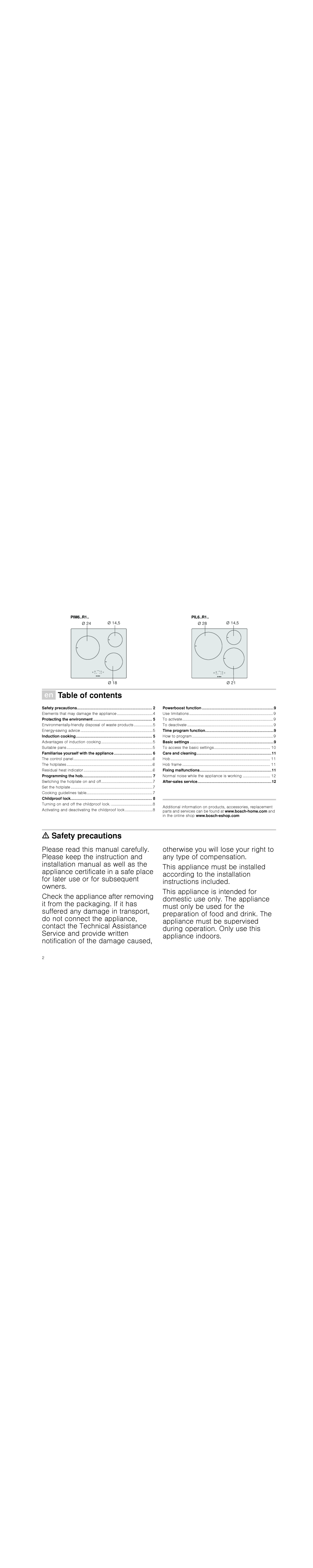Bosch Appliances PIL6..R1, PIM6..R1 instruction manual ÚTable of contents, ã=Safety precautions 