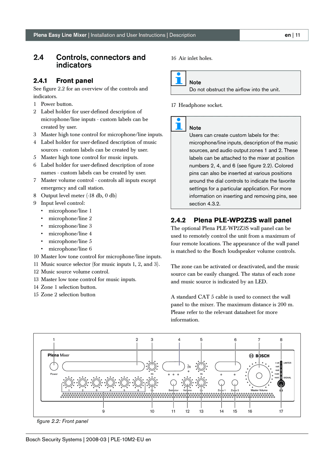 Bosch Appliances PLE-10M2-EU manual Controls, connectors and indicators, Front panel, Plena PLE-WP2Z3S wall panel 