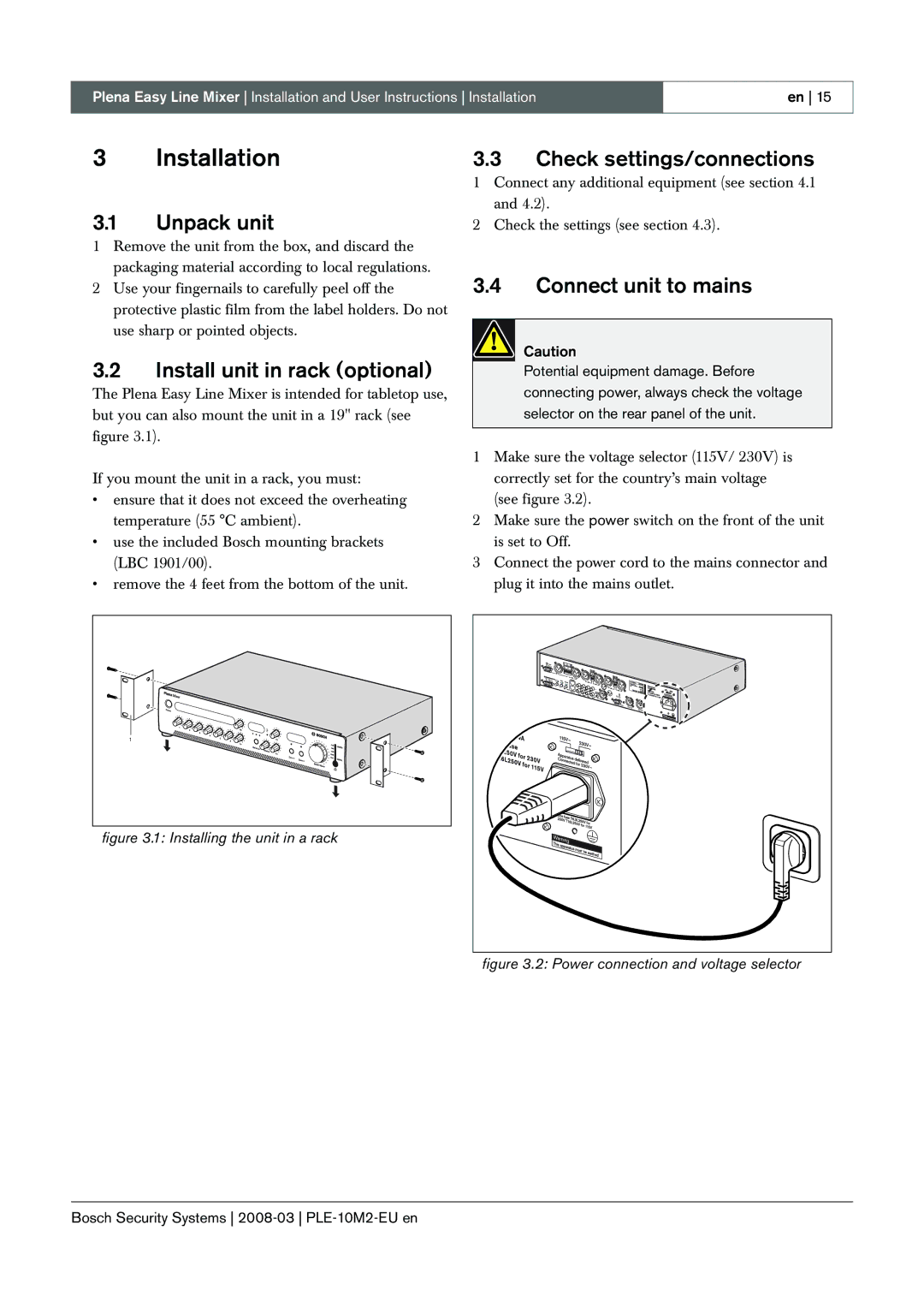 Bosch Appliances PLE-10M2-EU manual Installation, Unpack unit, Install unit in rack optional, Check settings/connections 