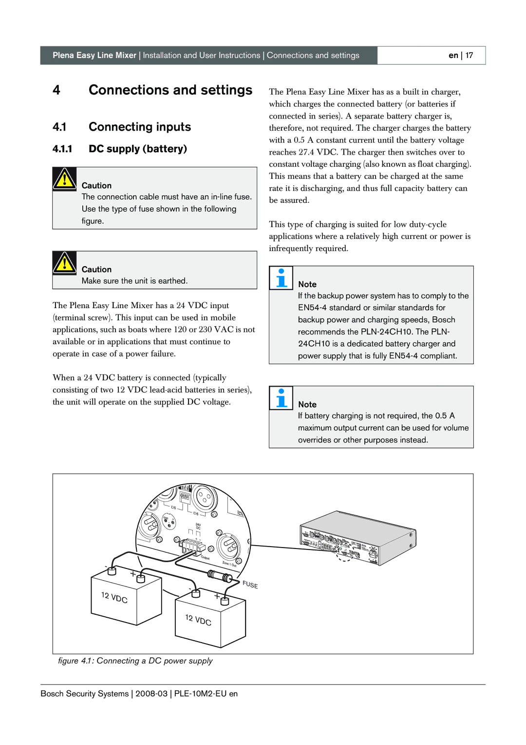 Bosch Appliances PLE-10M2-EU manual Connections and settings, Connecting inputs, DC supply battery 