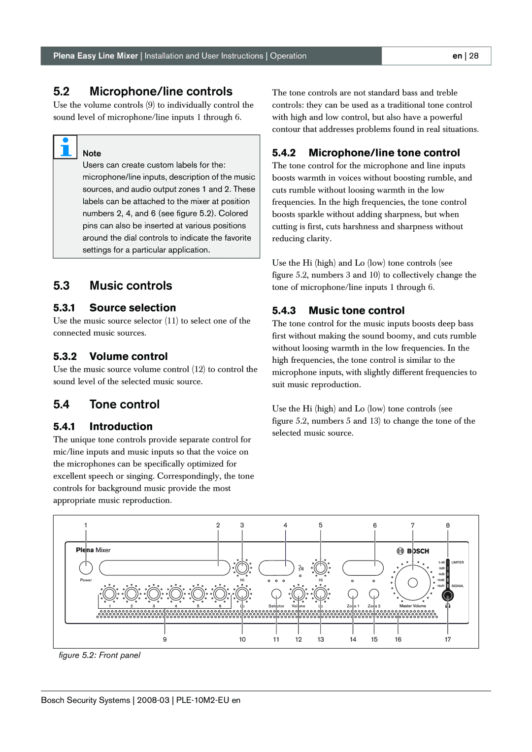 Bosch Appliances PLE-10M2-EU manual Microphone/line controls, Music controls, Tone control 