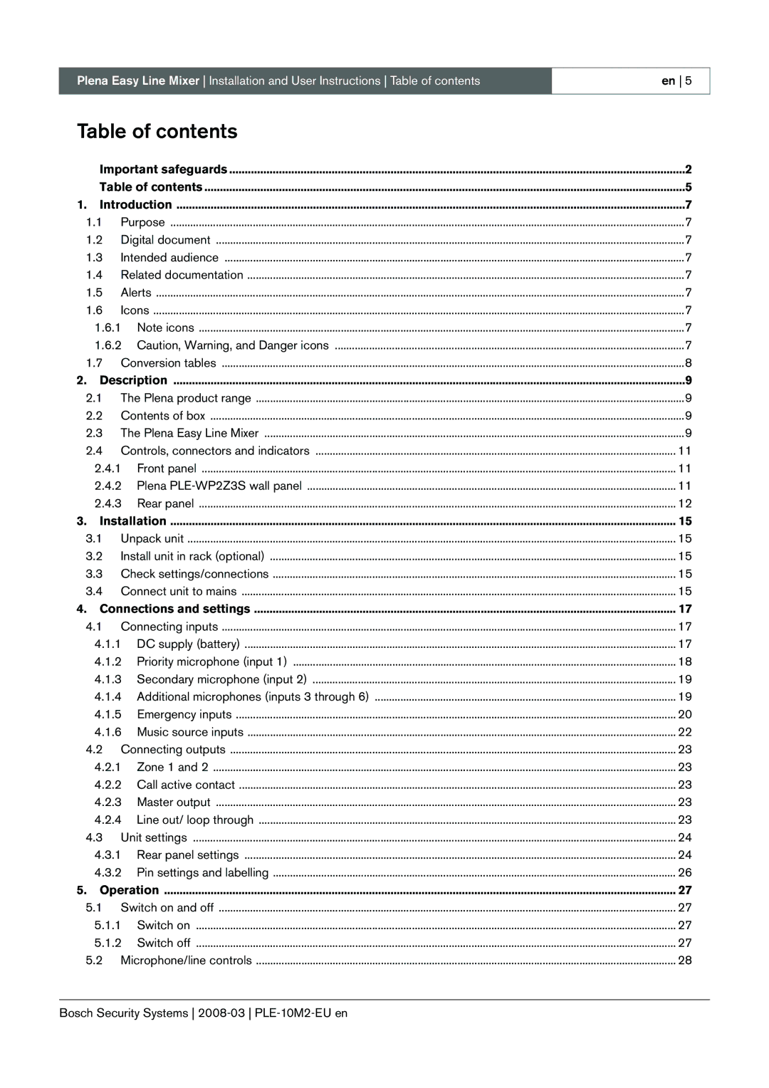 Bosch Appliances PLE-10M2-EU manual Table of contents 