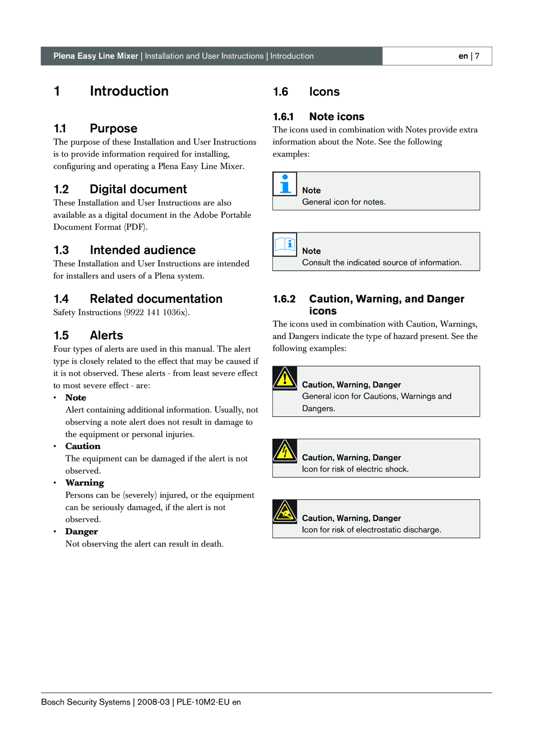 Bosch Appliances PLE-10M2-EU Introduction, Purpose, Digital document Intended audience, Related documentation, Alerts 