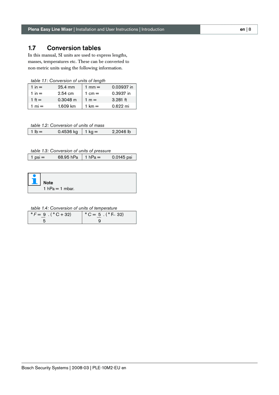 Bosch Appliances PLE-10M2-EU manual Conversion tables, Conversion of units of mass 