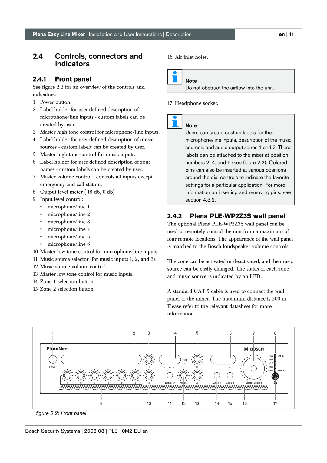 Bosch Appliances PLE-10M2-EU 2.4Controls, connectors and indicators, 2.4.1Front panel, 2.4.2Plena PLE-WP2Z3Swall panel 
