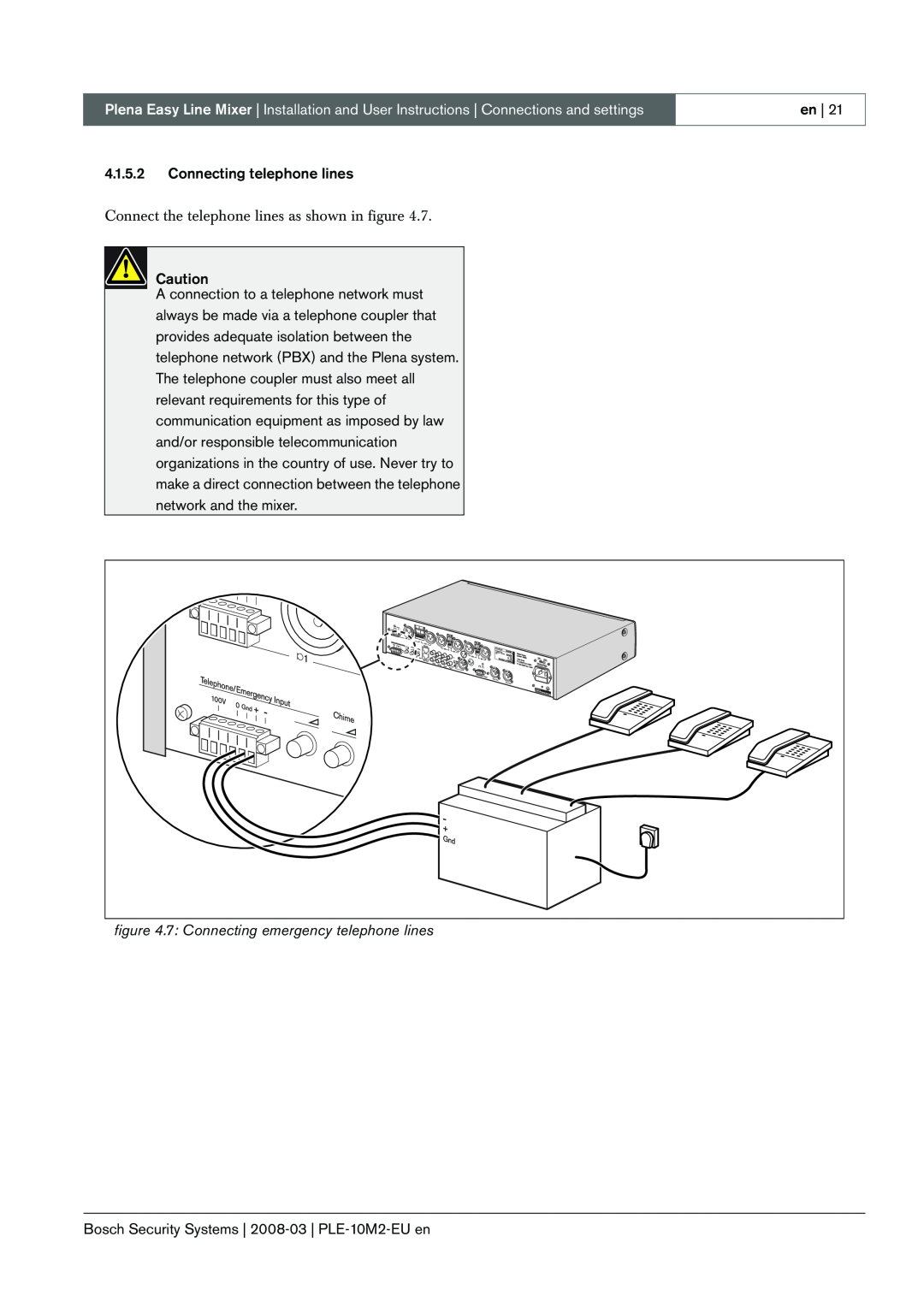Bosch Appliances PLE-10M2-EU manual 4.1.5.2Connecting telephone lines 