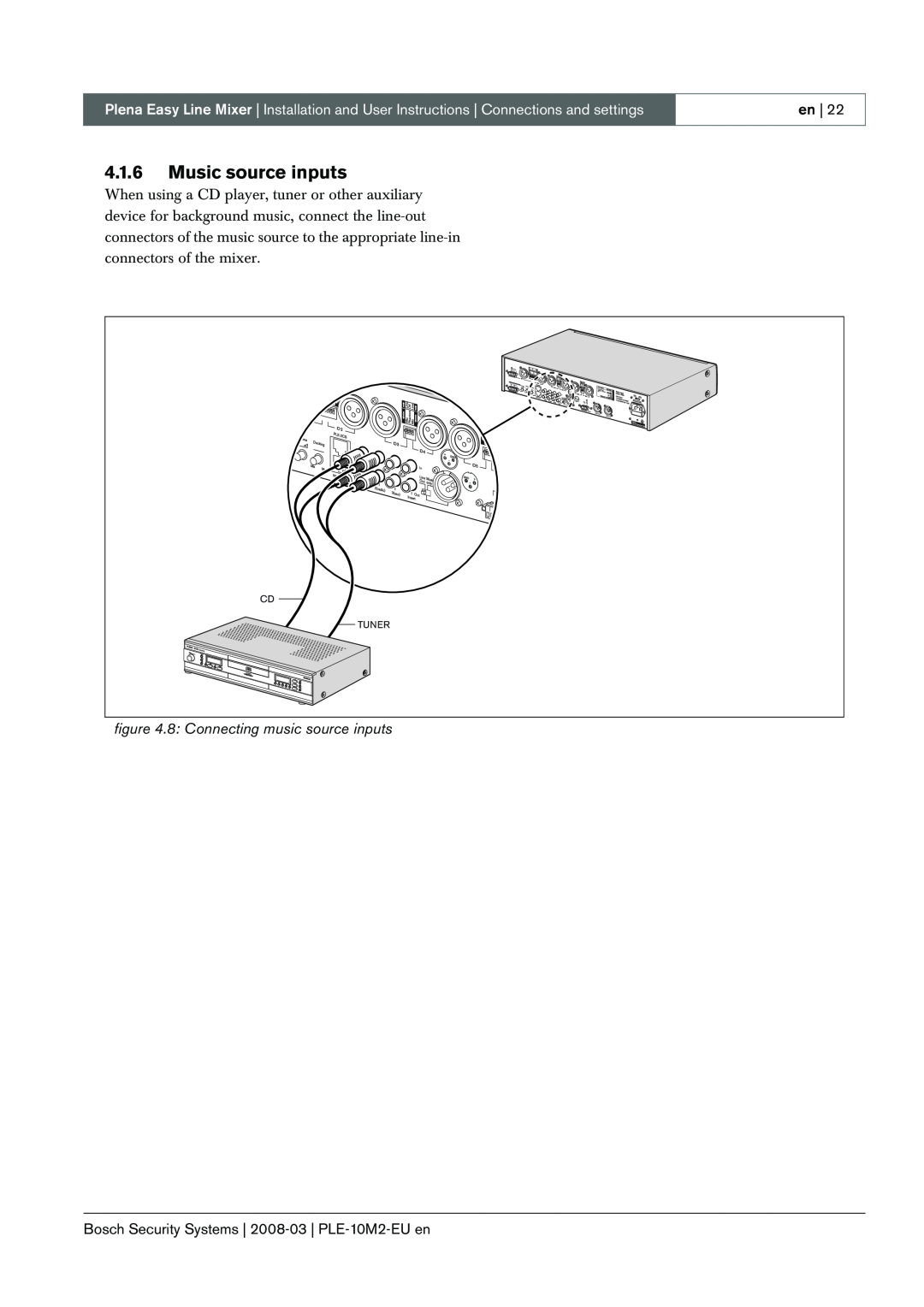 Bosch Appliances PLE-10M2-EU manual 4.1.6Music source inputs, 8 Connecting music source inputs 