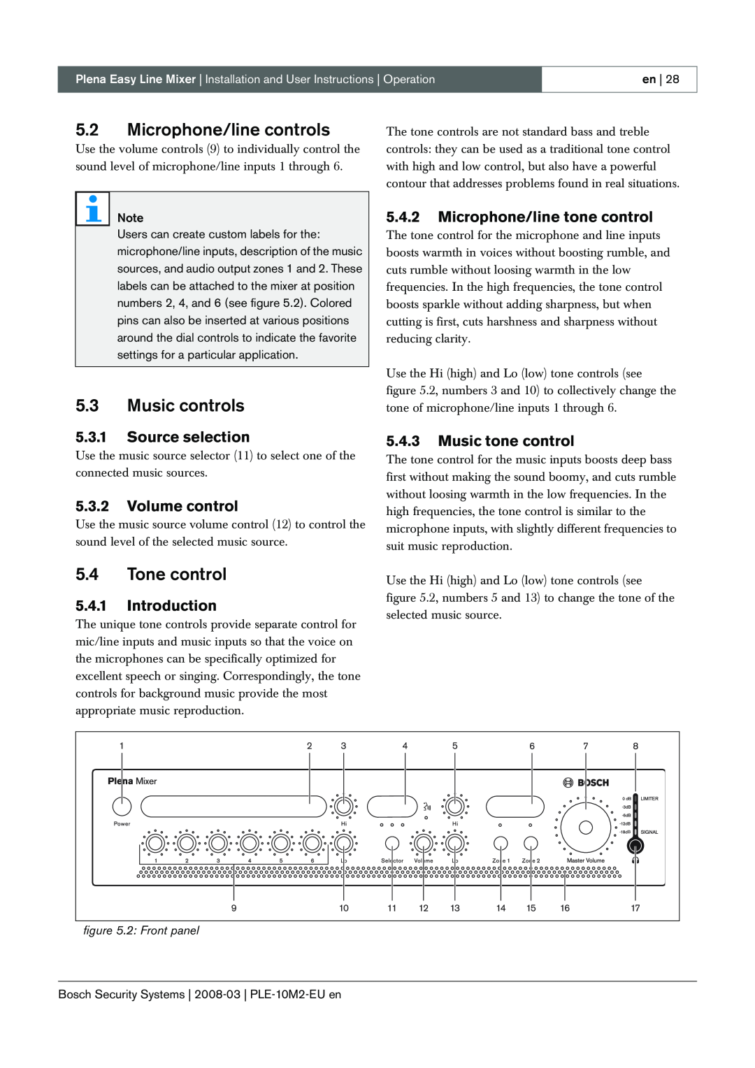 Bosch Appliances PLE-10M2-EU manual 5.2Microphone/line controls, 5.3Music controls, 5.4Tone control, 5.3.1Source selection 
