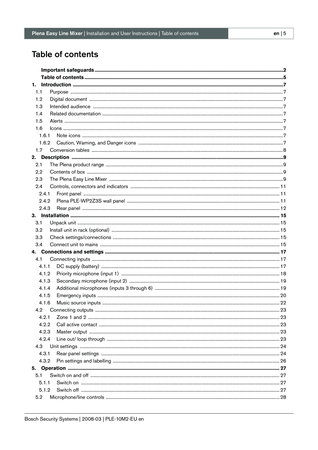 Bosch Appliances PLE-10M2-EU manual Table of contents 