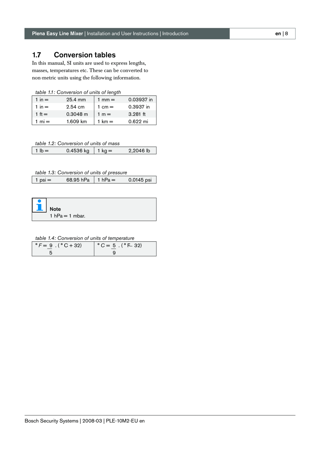 Bosch Appliances PLE-10M2-EU manual 1.7Conversion tables 