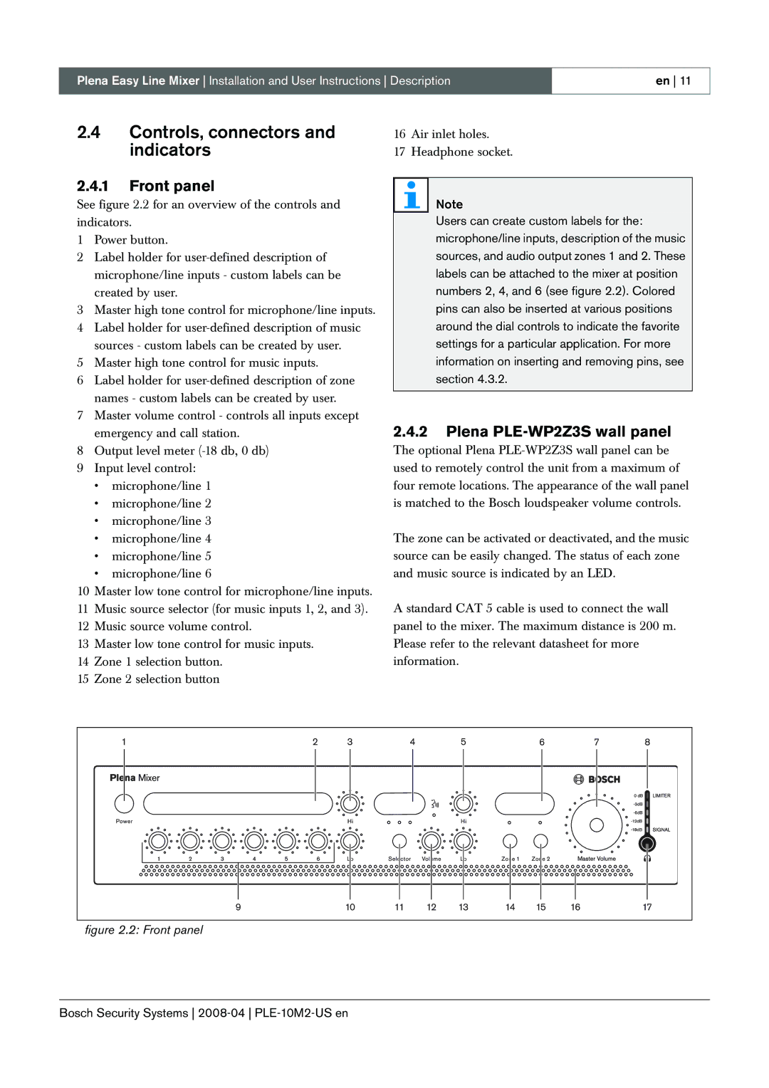 Bosch Appliances PLE-10M2-US manual Controls, connectors and indicators, Front panel, Plena PLE-WP2Z3S wall panel 