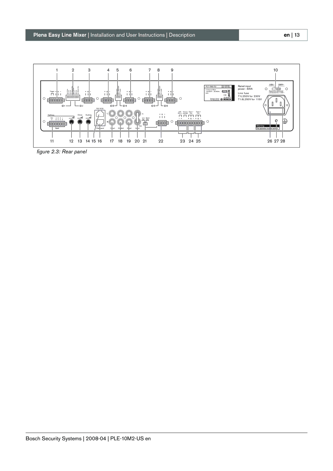 Bosch Appliances PLE-10M2-US manual Rear panel 