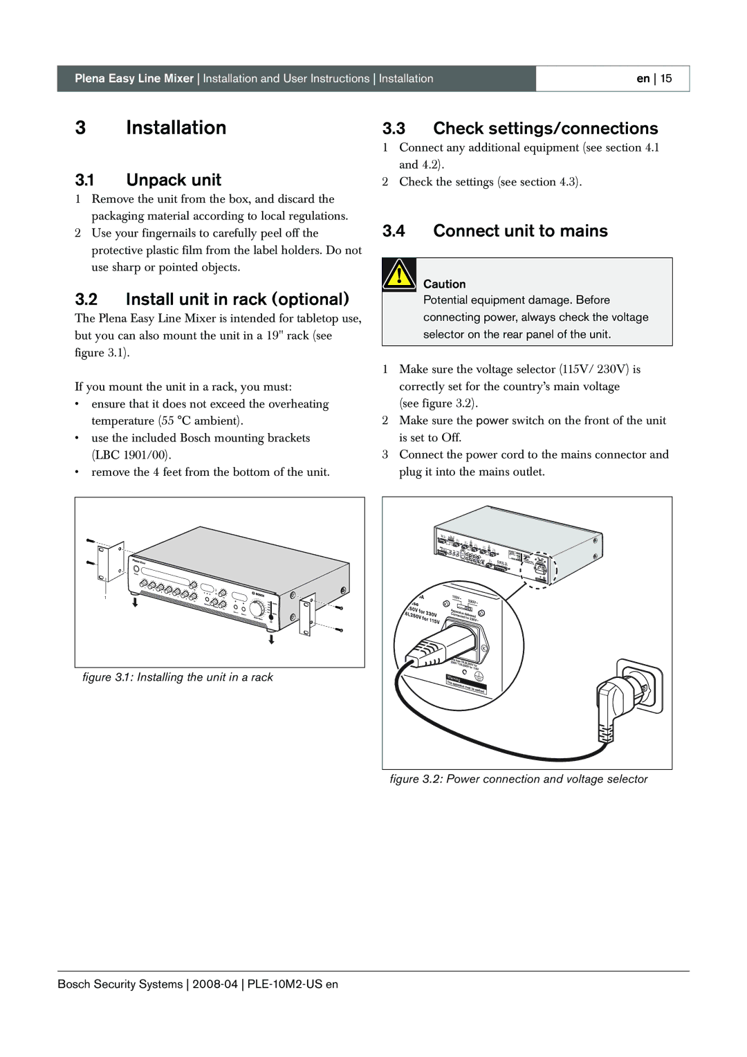 Bosch Appliances PLE-10M2-US manual Installation, Unpack unit, Install unit in rack optional, Check settings/connections 