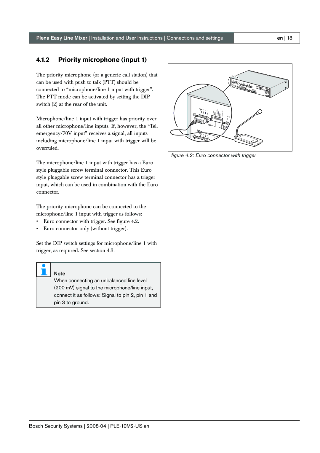 Bosch Appliances PLE-10M2-US manual Priority microphone input, Euro connector with trigger 