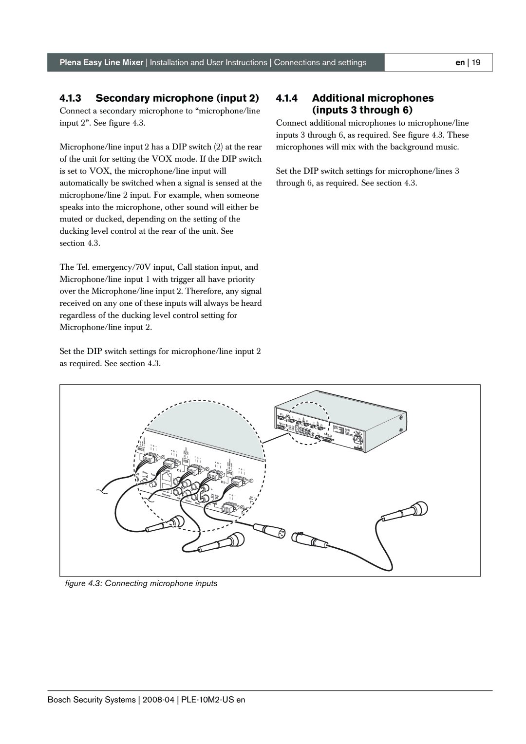 Bosch Appliances PLE-10M2-US manual Secondary microphone input, Additional microphones inputs 3 through 