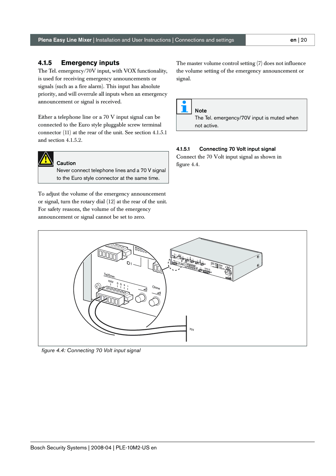 Bosch Appliances PLE-10M2-US manual Emergency inputs, Connecting 70 Volt input signal 