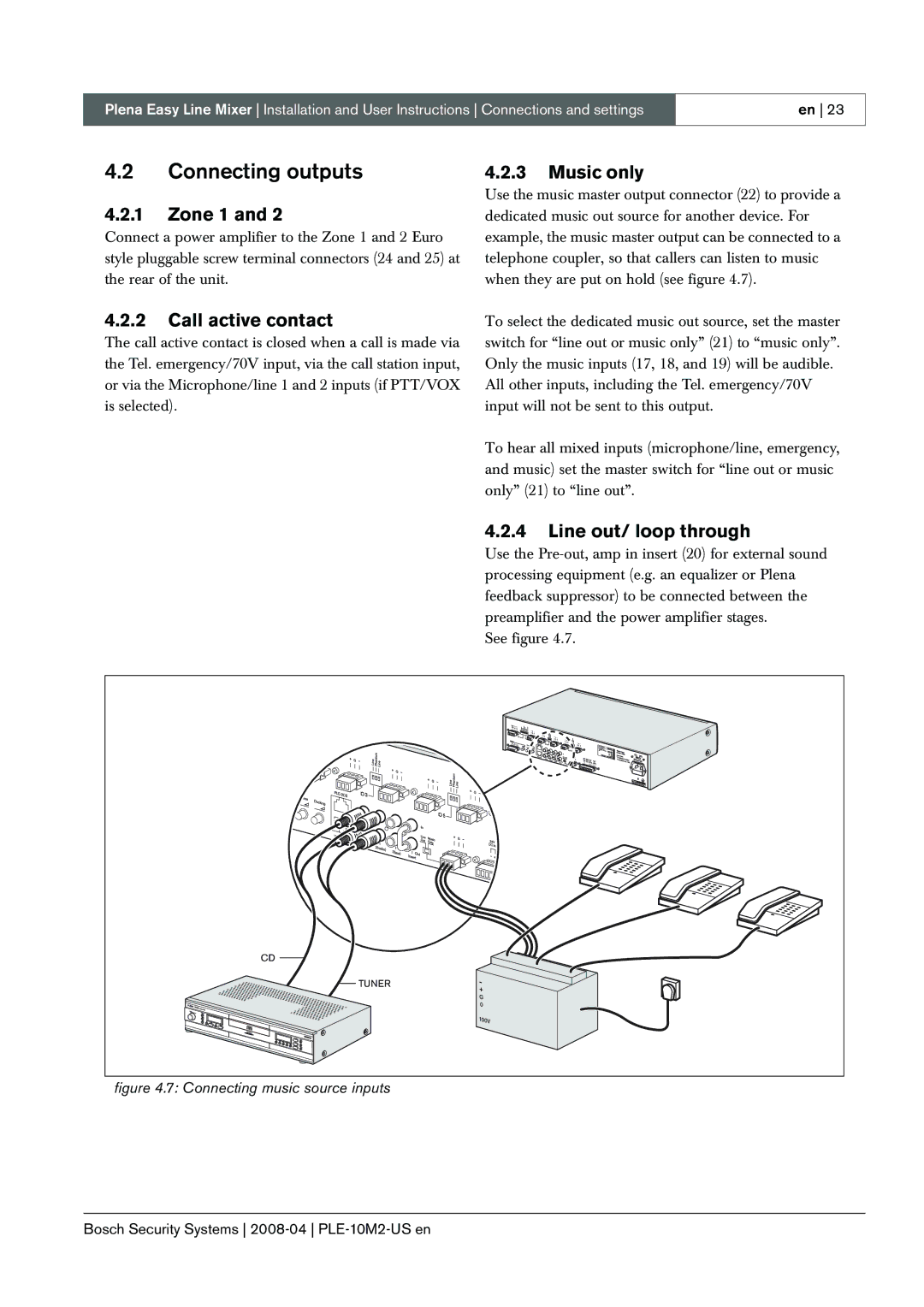 Bosch Appliances PLE-10M2-US manual Connecting outputs, Zone 1, Call active contact, Music only, Line out/ loop through 