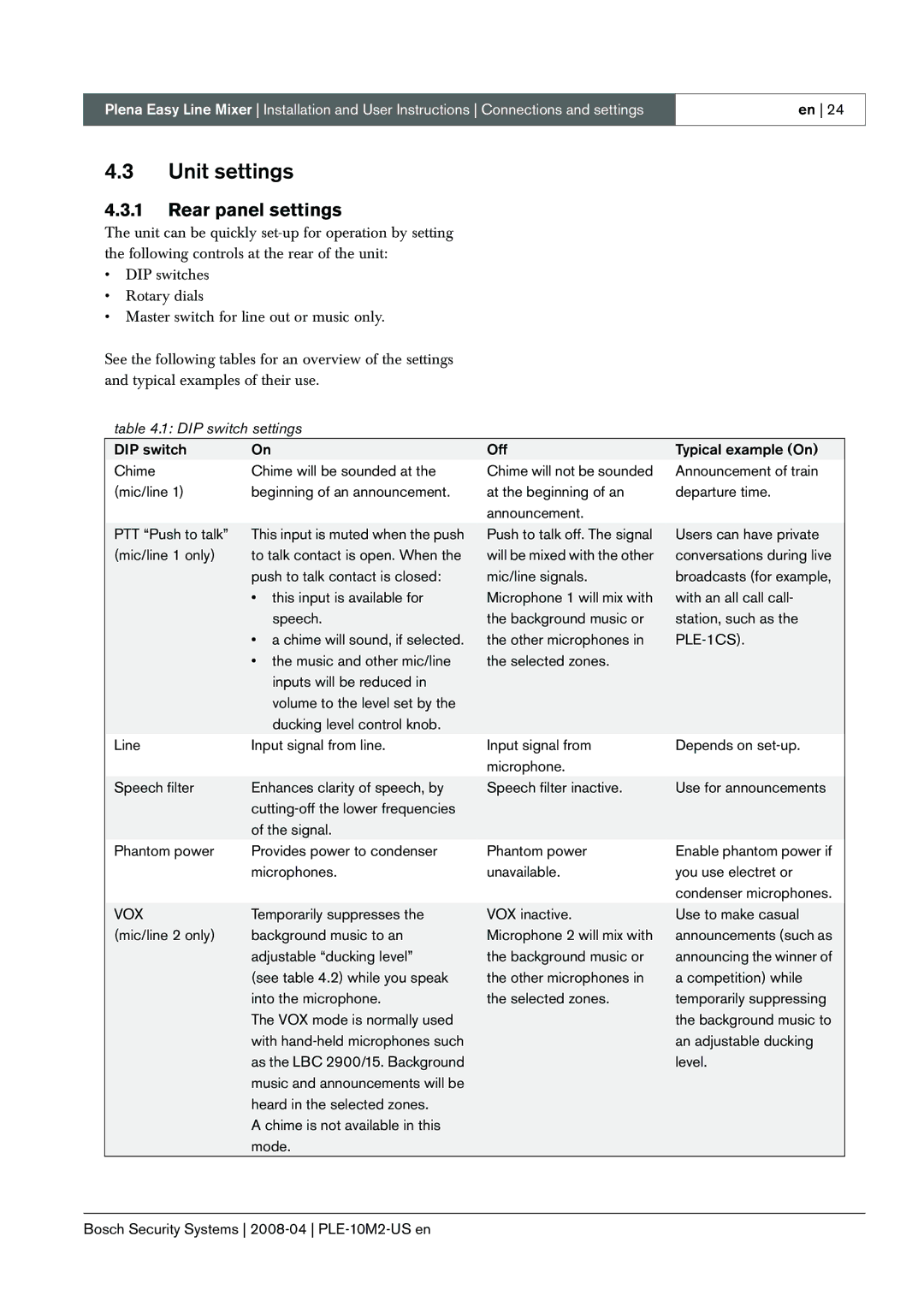 Bosch Appliances PLE-10M2-US manual Unit settings, Rear panel settings 