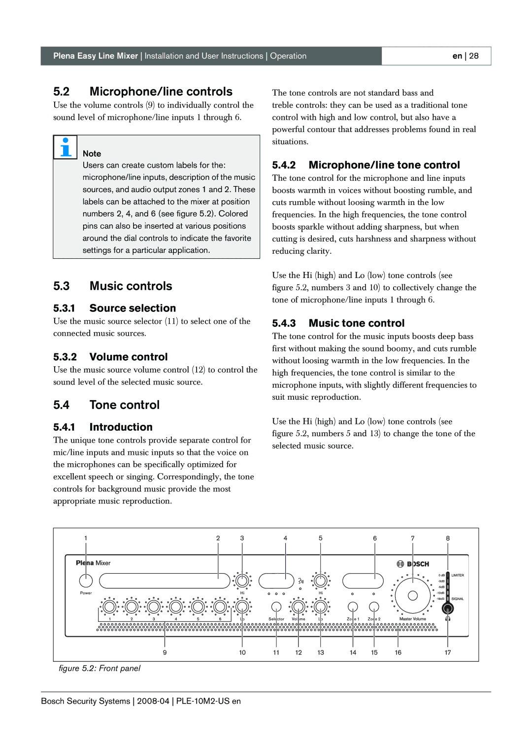 Bosch Appliances PLE-10M2-US manual Microphone/line controls, Music controls, Tone control 