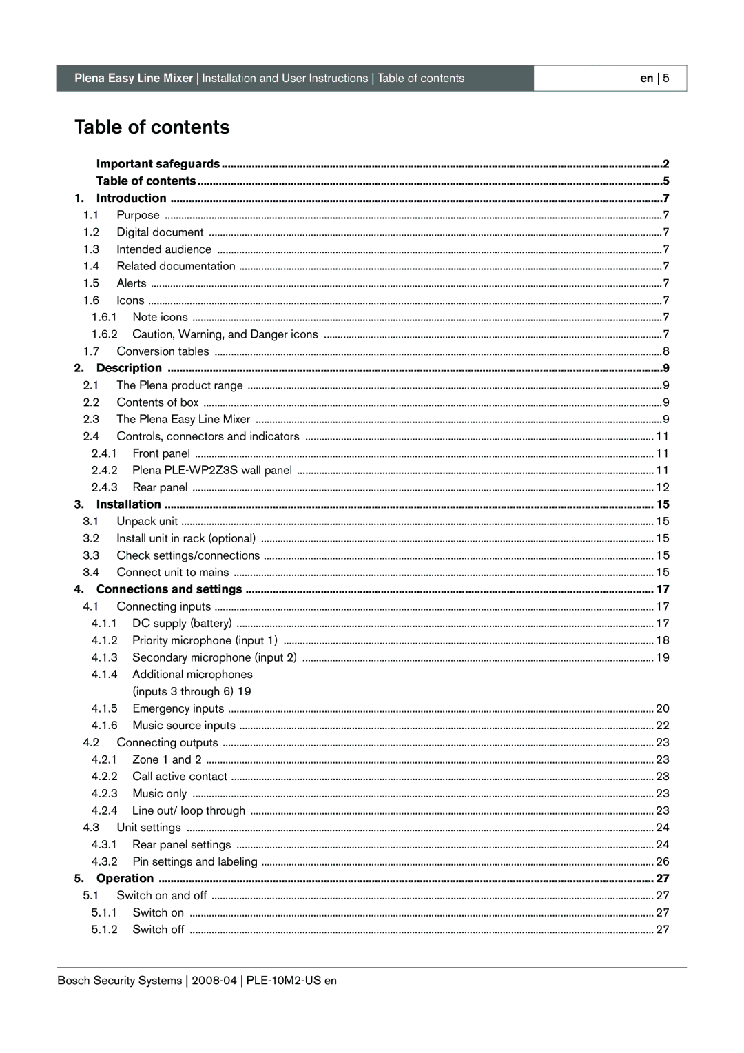 Bosch Appliances PLE-10M2-US manual Table of contents 