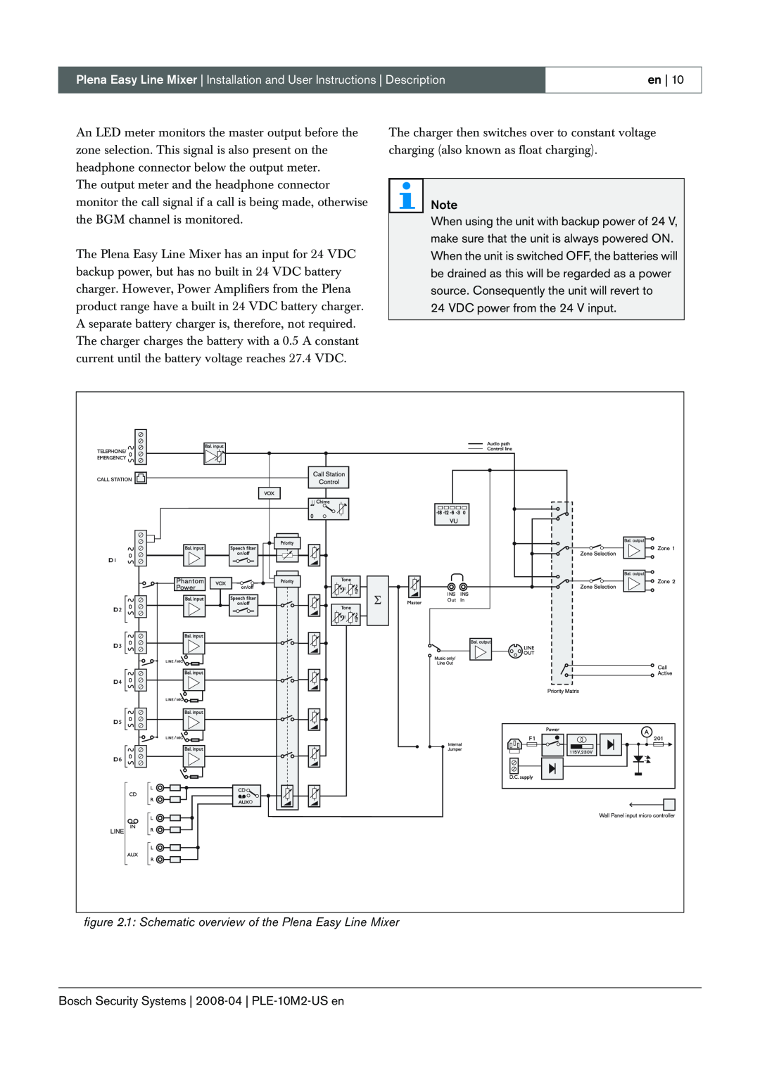 Bosch Appliances manual VDC power from the 24 V input, Bosch Security Systems 2008-04 PLE-10M2-USen 