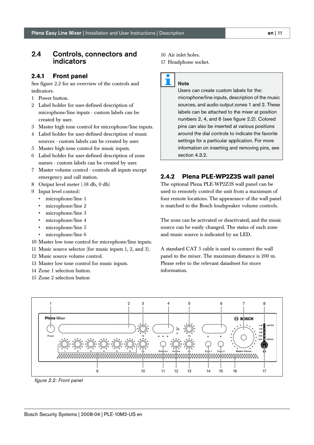 Bosch Appliances PLE-10M2-US 2.4Controls, connectors and indicators, 2.4.1Front panel, 2.4.2Plena PLE-WP2Z3Swall panel 