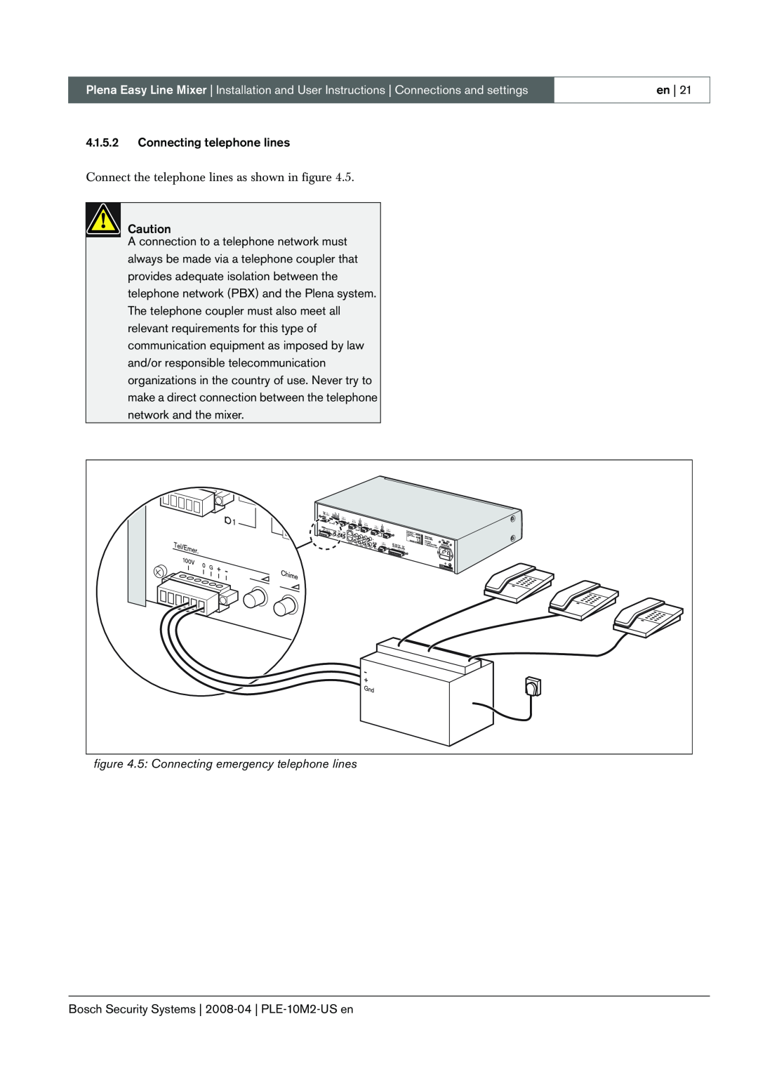 Bosch Appliances PLE-10M2-US manual 4.1.5.2Connecting telephone lines 