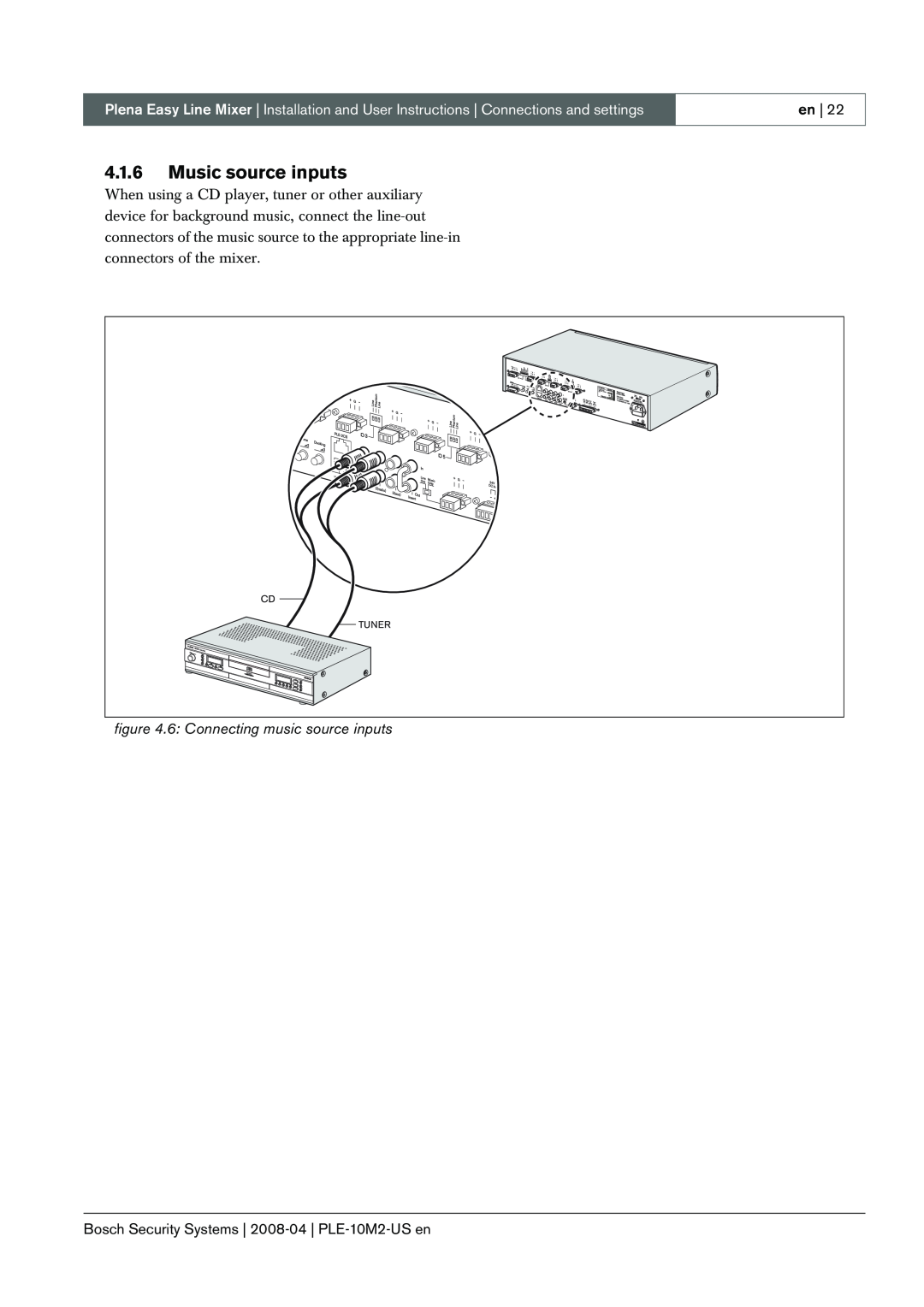 Bosch Appliances PLE-10M2-US manual 4.1.6Music source inputs, 6 Connecting music source inputs 