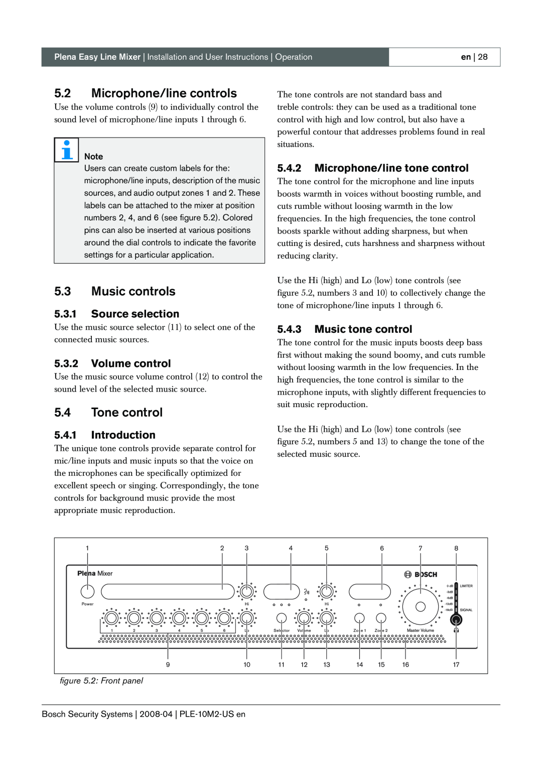Bosch Appliances PLE-10M2-US manual 5.2Microphone/line controls, 5.3Music controls, 5.4Tone control, 5.3.1Source selection 