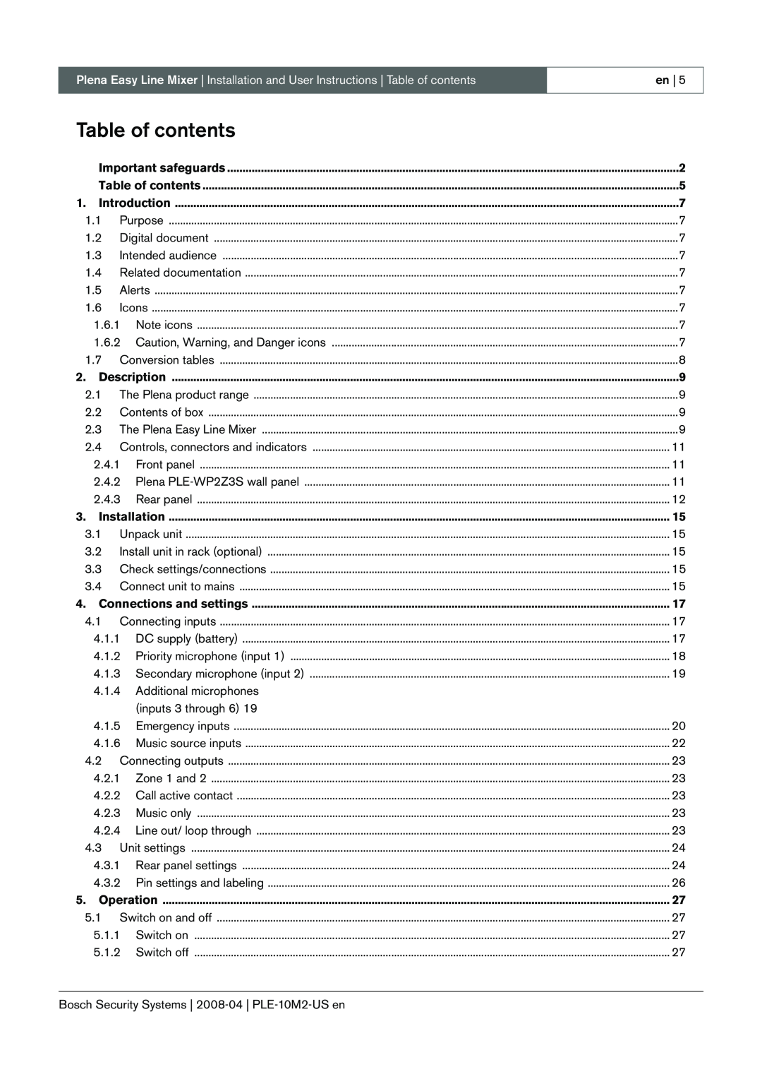 Bosch Appliances PLE-10M2-US manual Table of contents 