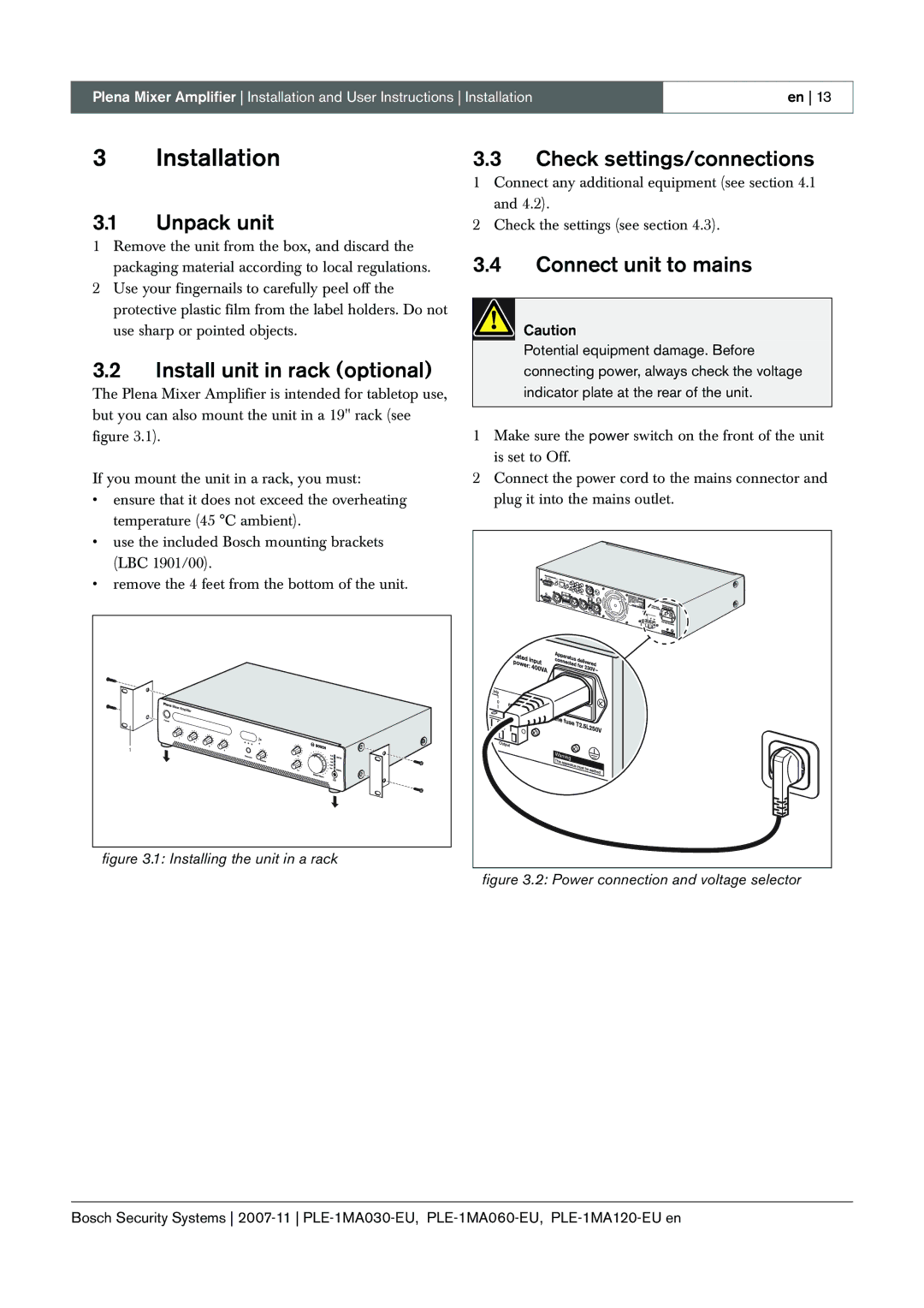 Bosch Appliances PLE-1MA060-EU manual Installation, Unpack unit, Install unit in rack optional, Check settings/connections 