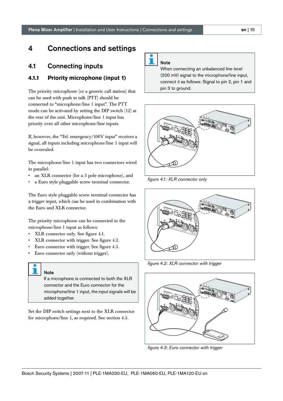 Bosch Appliances PLE-1MA030-EU, PLE-1MA060-EU manual Connections and settings, Connecting inputs, Priority microphone input 