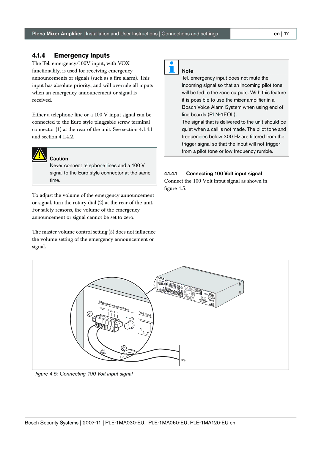 Bosch Appliances PLE-1MA120-EU, PLE-1MA030-EU, PLE-1MA060-EU manual Emergency inputs, Connecting 100 Volt input signal 