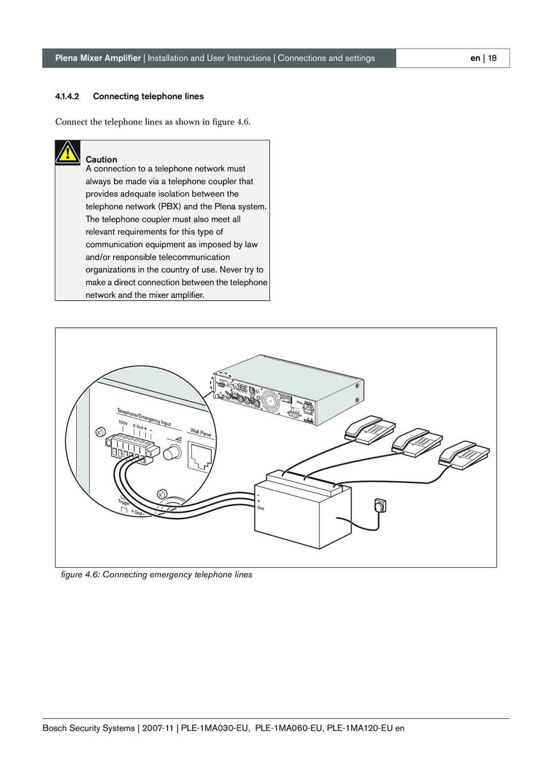 Bosch Appliances PLE-1MA030-EU, PLE-1MA060-EU, PLE-1MA120-EU manual Connecting emergency telephone lines 