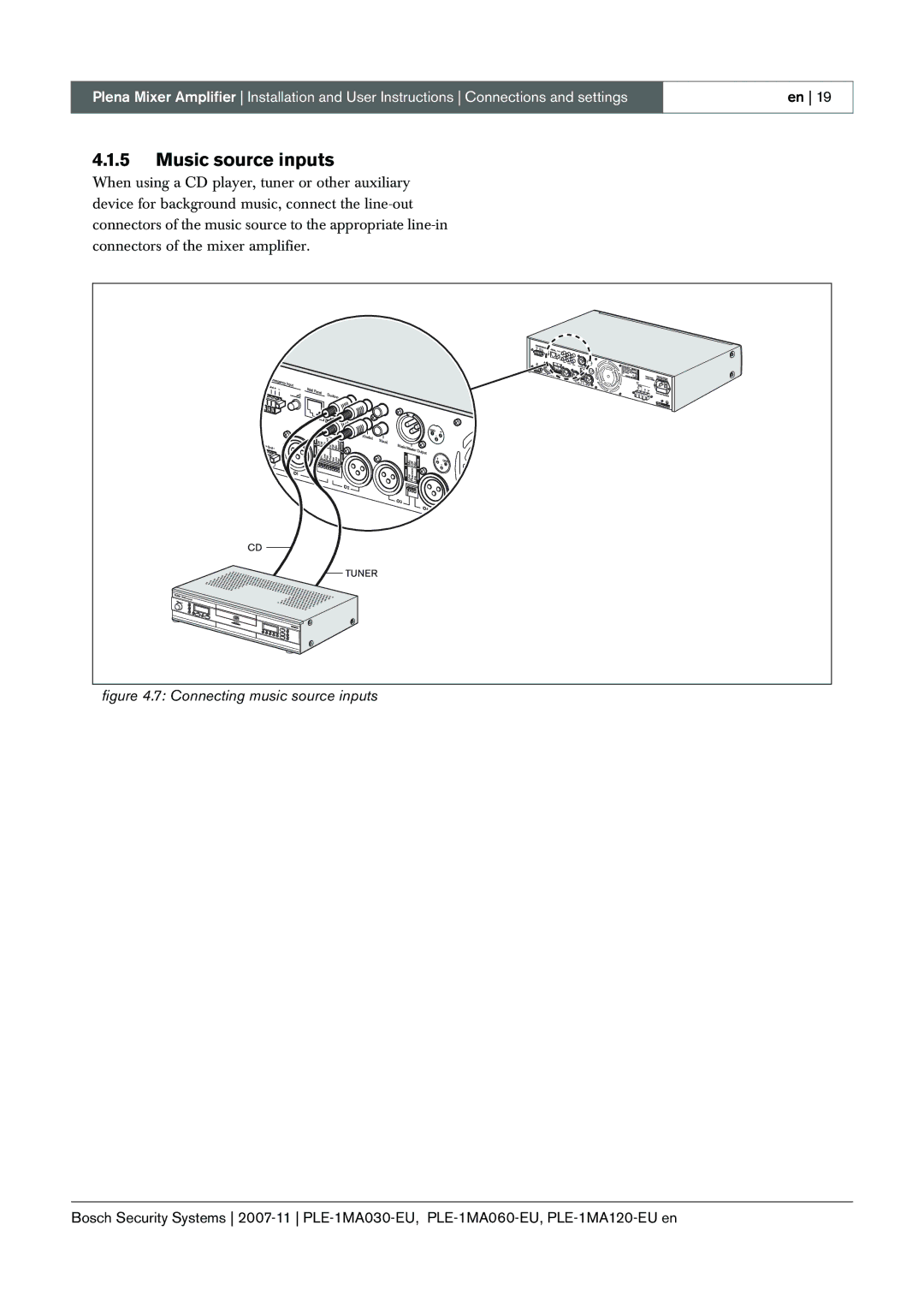 Bosch Appliances PLE-1MA060-EU, PLE-1MA030-EU, PLE-1MA120-EU manual Music source inputs, Connecting music source inputs 