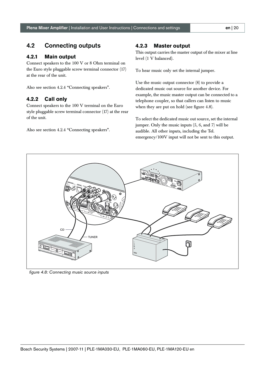 Bosch Appliances PLE-1MA120-EU, PLE-1MA030-EU, PLE-1MA060-EU manual Connecting outputs, Main output, Call only, Master output 