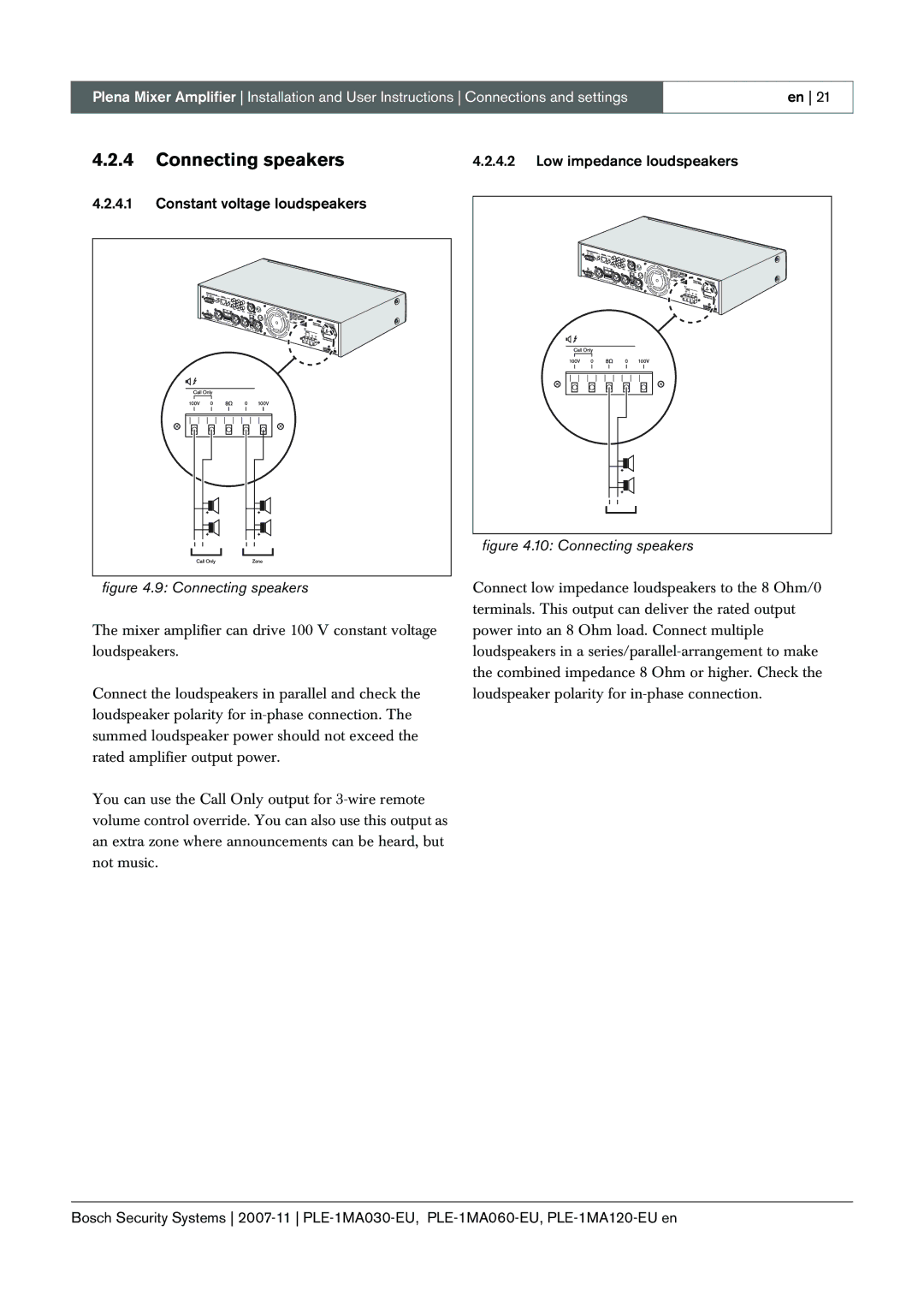 Bosch Appliances PLE-1MA030-EU, PLE-1MA060-EU, PLE-1MA120-EU manual Connecting speakers, Constant voltage loudspeakers 