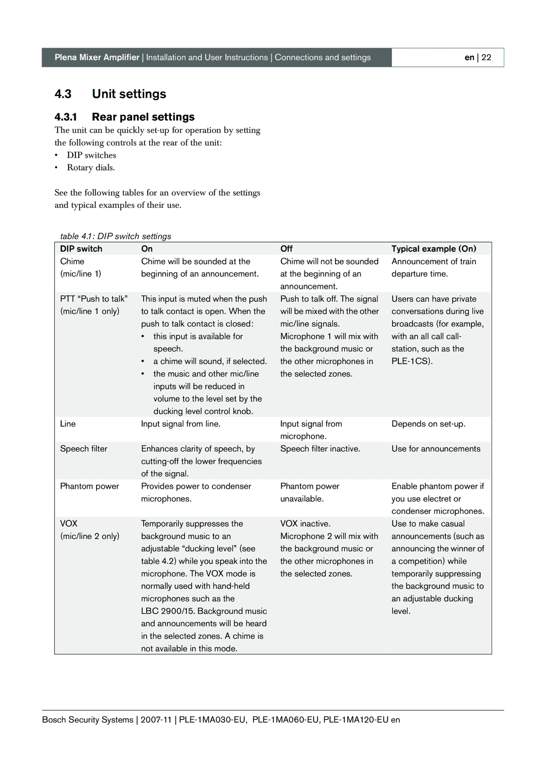 Bosch Appliances PLE-1MA060-EU, PLE-1MA030-EU, PLE-1MA120-EU manual Unit settings, Rear panel settings 