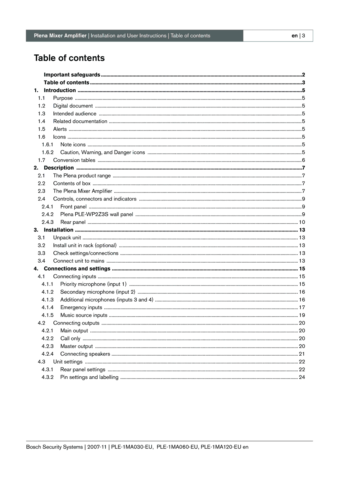 Bosch Appliances PLE-1MA030-EU, PLE-1MA060-EU, PLE-1MA120-EU manual Table of contents 