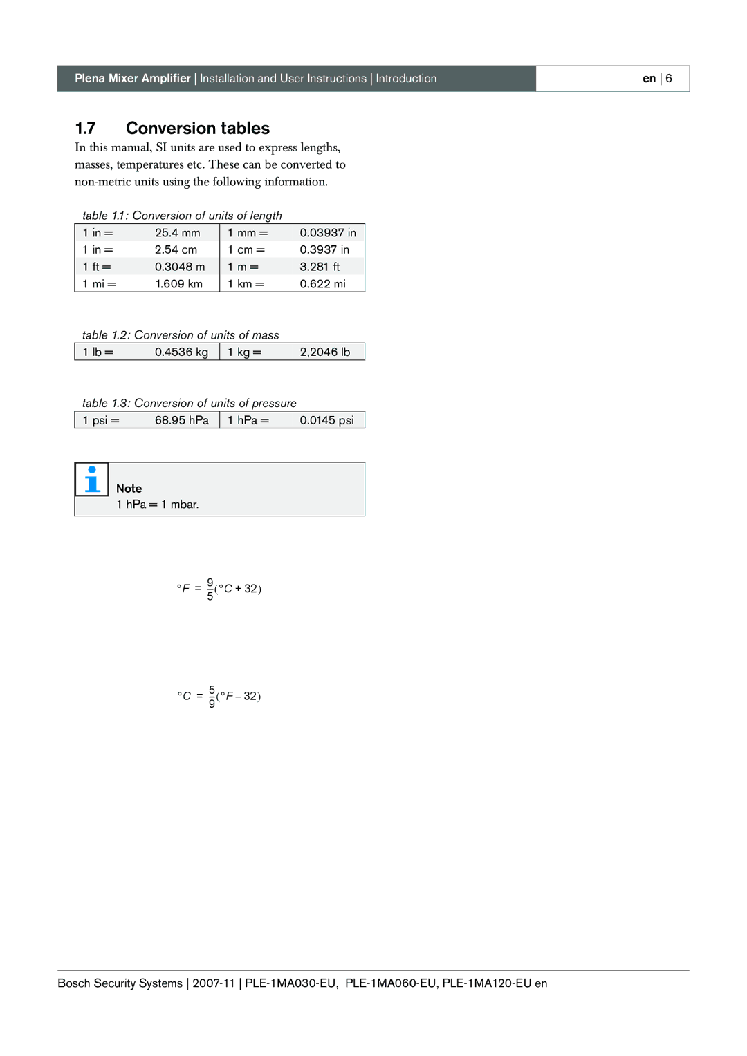 Bosch Appliances PLE-1MA030-EU, PLE-1MA060-EU, PLE-1MA120-EU manual Conversion tables, Conversion of units of mass 