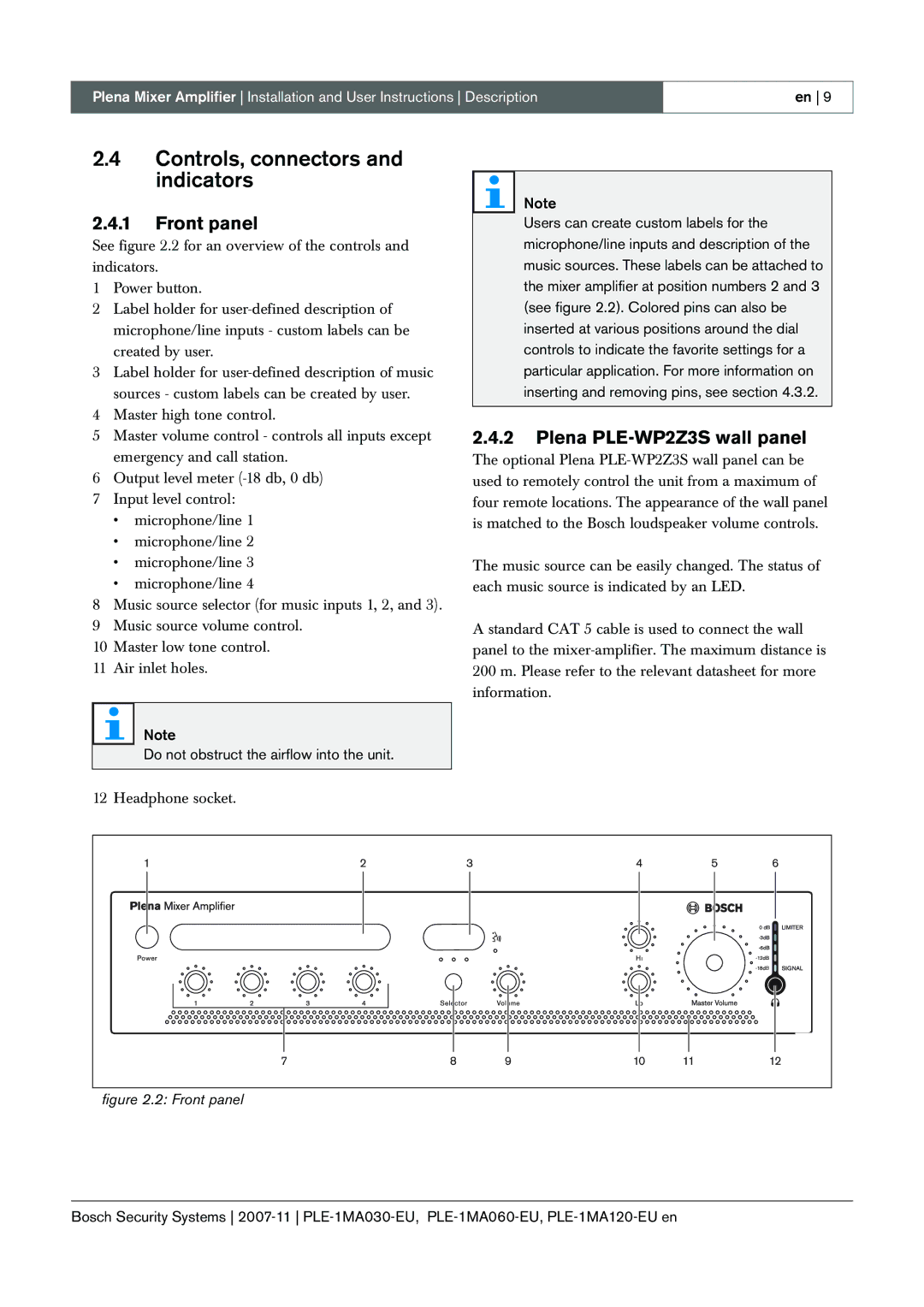 Bosch Appliances PLE-1MA030-EU manual Controls, connectors and indicators, Front panel, Plena PLE-WP2Z3S wall panel 